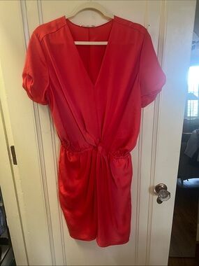 Carven - 40 - Coral Red V-Neck Twist-Front Women's Dress